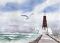Preview: Postkarte DIN-A6 Aquarell Maritim Kunst Druck Kunstdruck Nordsee Cuxhaven Insel Neuwerk Möwe Watt Meer Bake